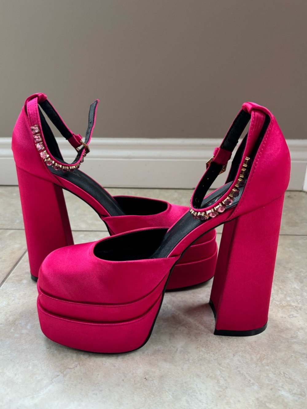 Bold Hot Pink Platform Block Heels with Ankle Strap